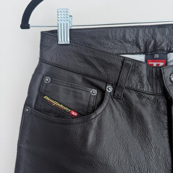 Vintage Diesel Leather Pants Womens 26 Black Y2K Flare Bootcut Low Rise Biker - Picture 10 of 16